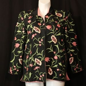 Elegant Black Silk Jacket with Pink & Green Flower
